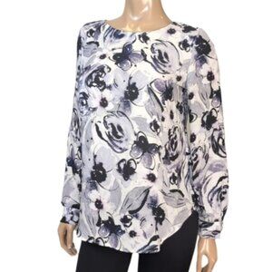 💠Rose & Olive Floral Blouse Womens Small Long Sleeve Grey Purple Cut Out Top